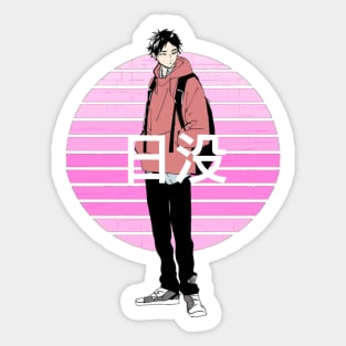 Pink Retro Sun Anime Boy Sticker